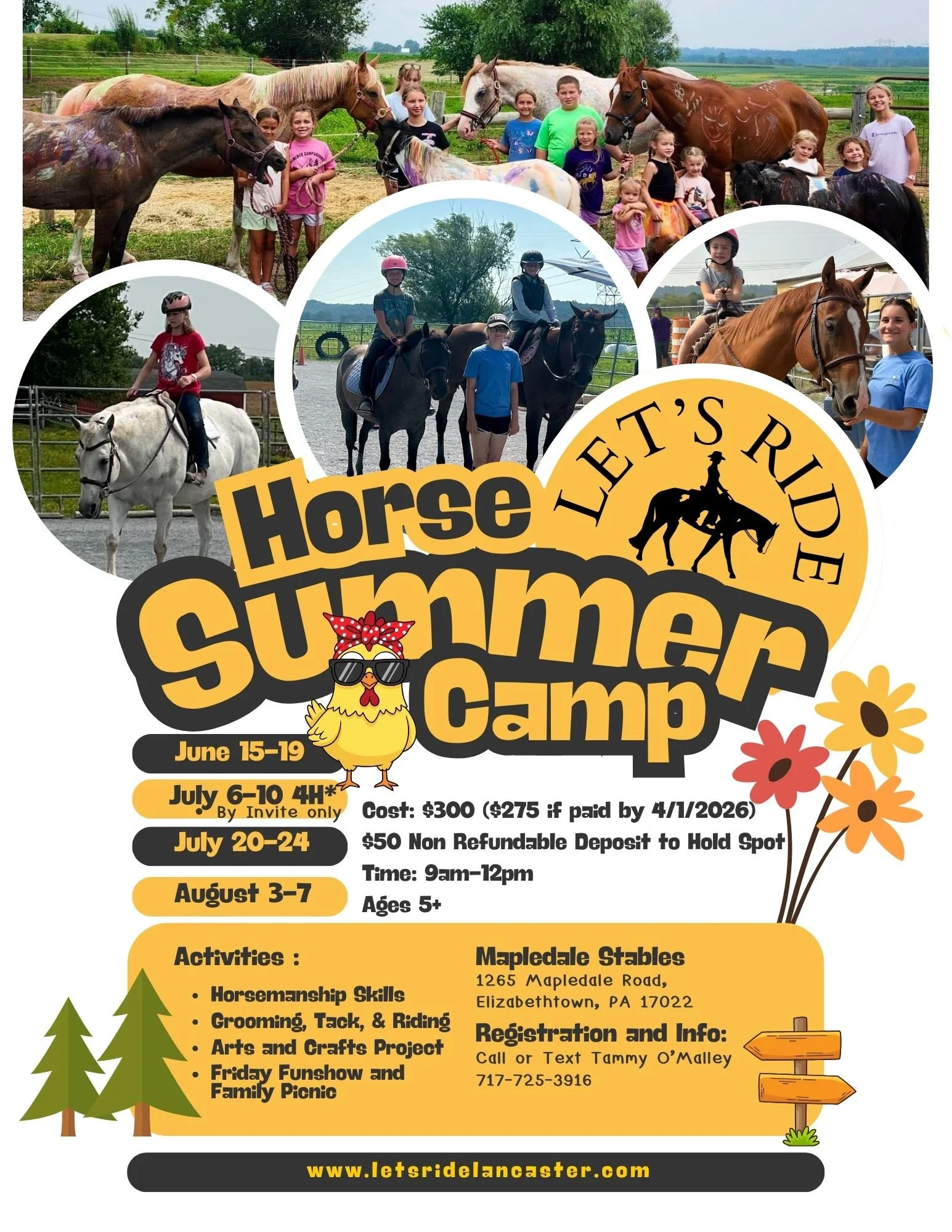 Flyer for Let's Ride Summer Camp at Mapledale Stables featuring children riding horses and photos of horses, with event details including dates, activities, location, and registration information.