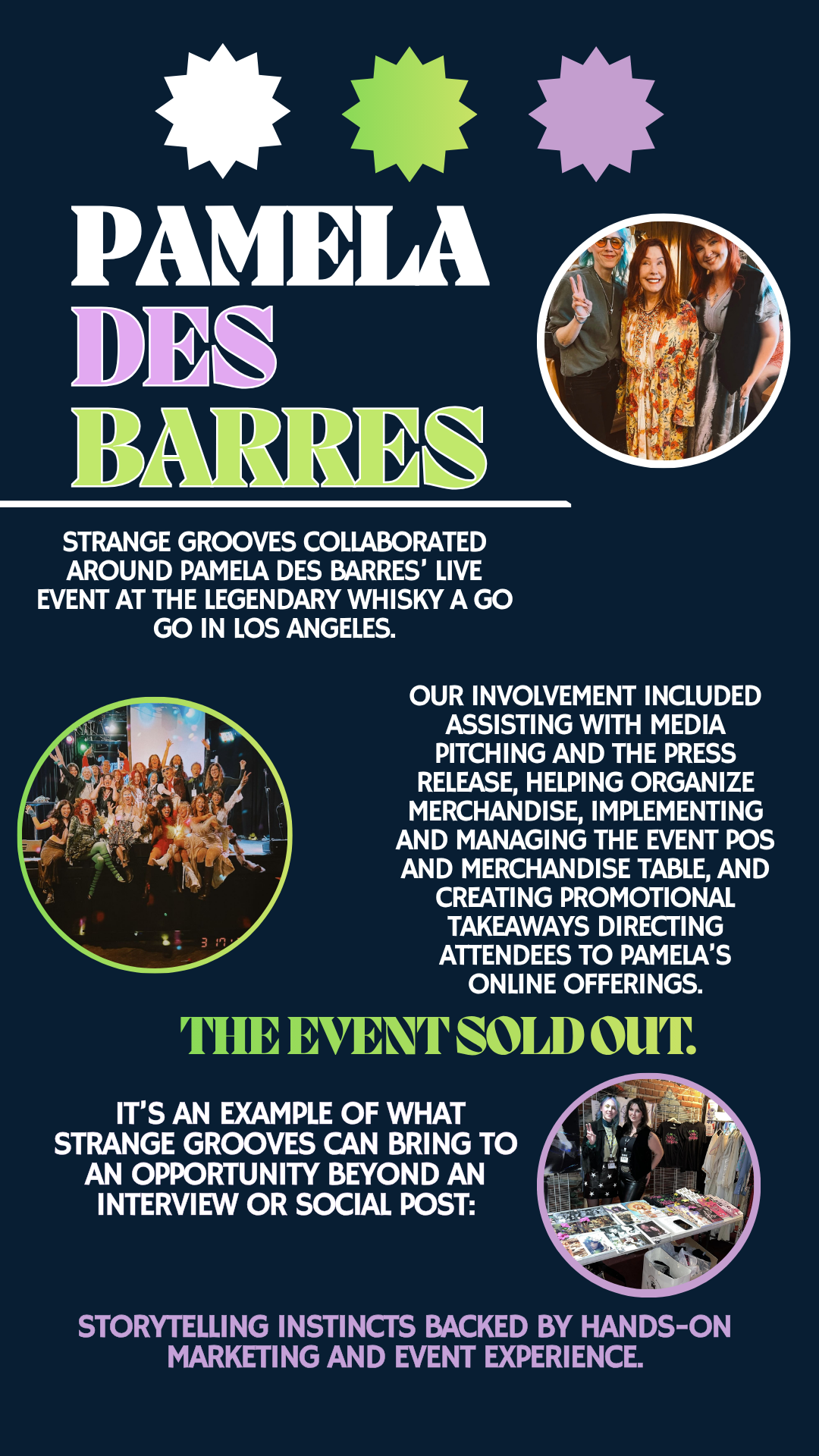 Flyer promoting an event with photos of people at a live performance and a merchandise table. Text describes Pamela des Barres' live event, involving media assistance, merchandising, and promotional activities. The event is sold out, emphasizing storytelling and hands-on marketing experience.