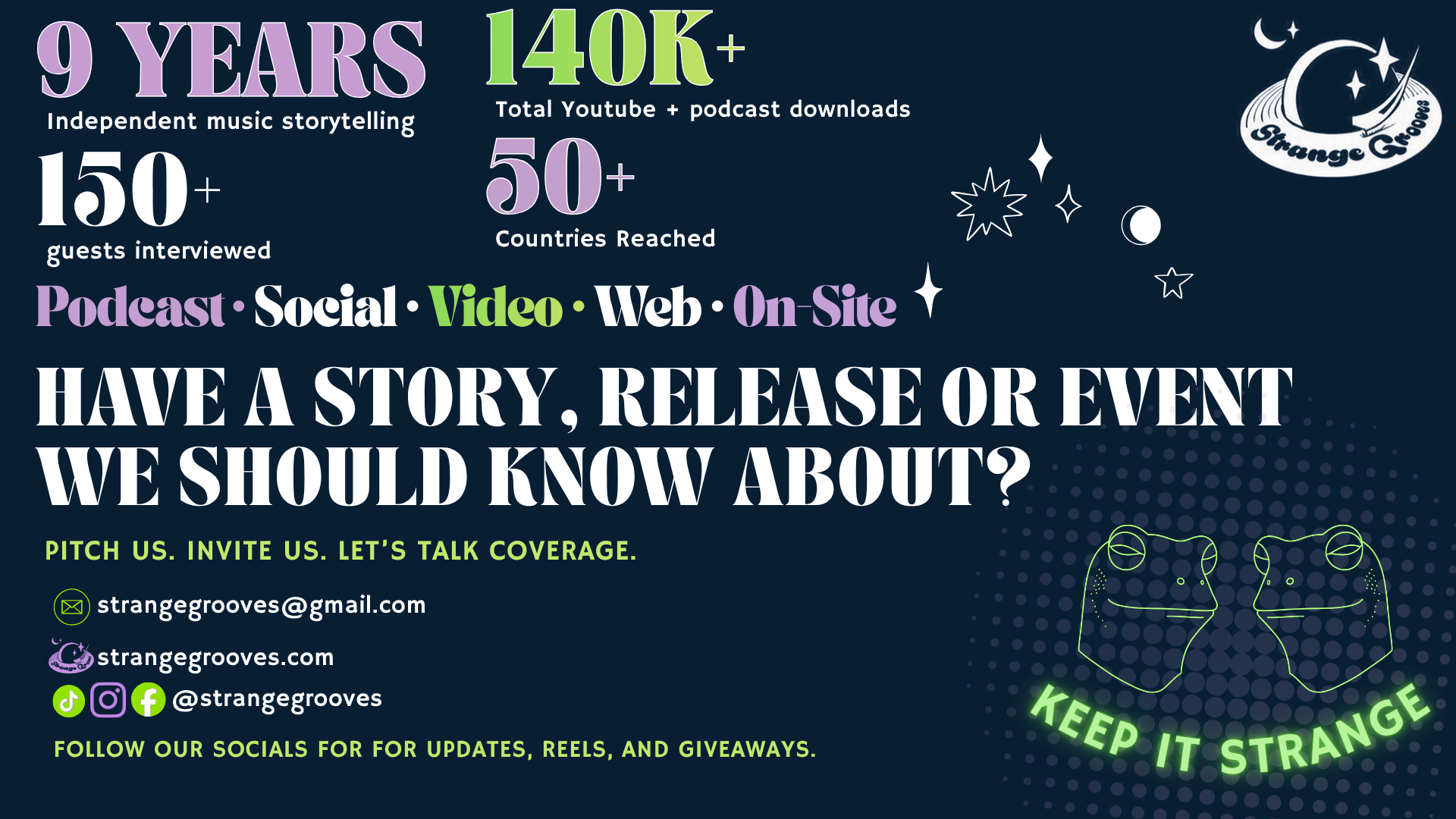 infographic celebrating 9 years of independent music storytelling by Strange Grooves, with over 140K downloads, 150+ guests interviewed, reaching more than 50 countries, covering podcasts, social media, video, web, and on-site events, encouraging storytelling and event sharing, with contact information and social media handles, decorated with moon, stars, and face masks graphic with the message 'Keep it Strange'.
