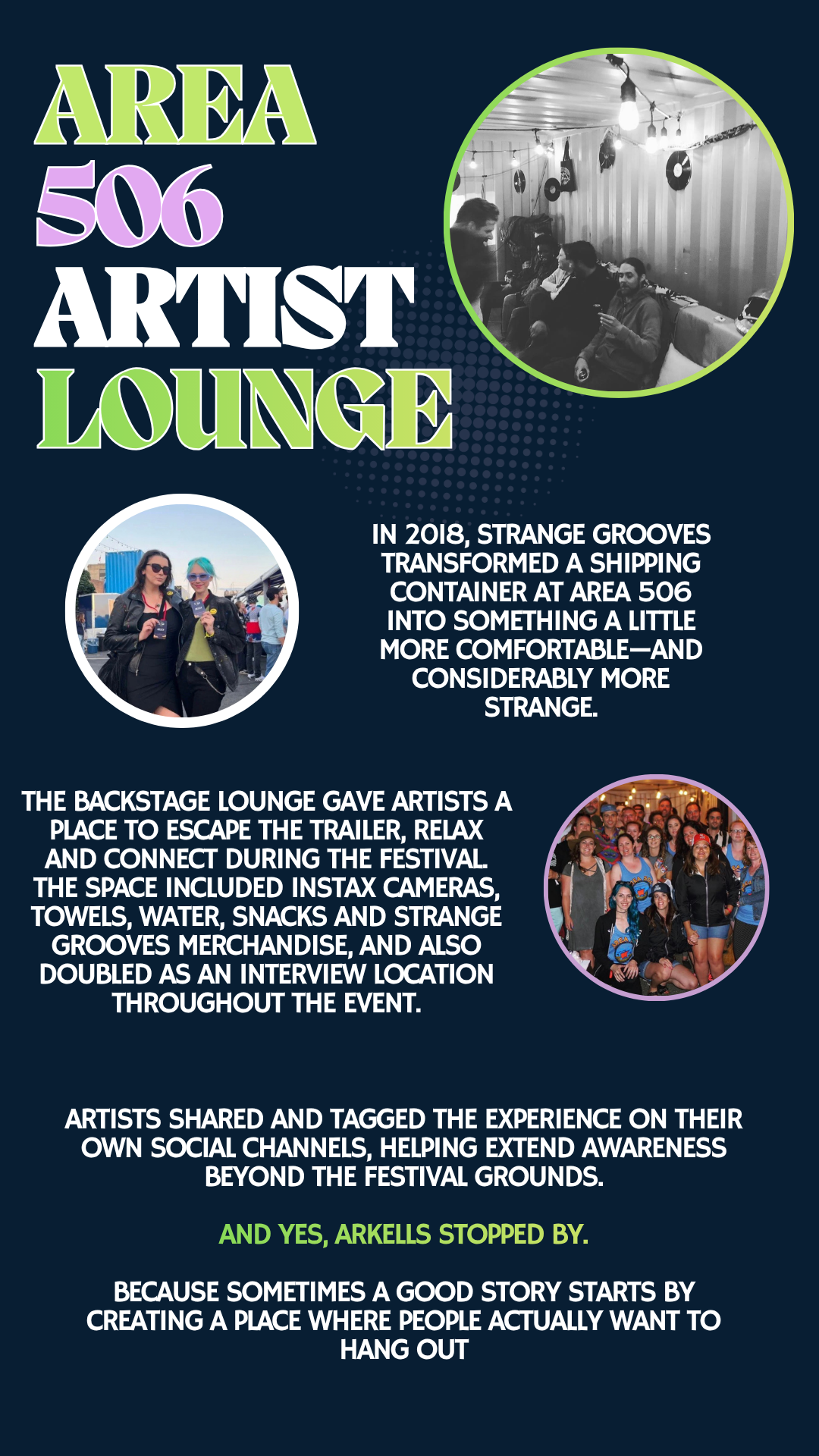 Event poster for Area 506 Artist Lounge, featuring photos of artists and the event description in colorful text.