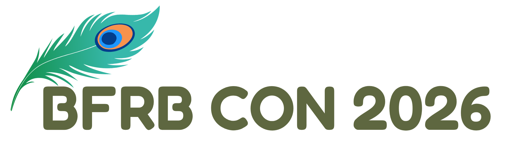 Colorful logo with a peacock feather and the text "BFRB CON 2026" in stylized letters.
