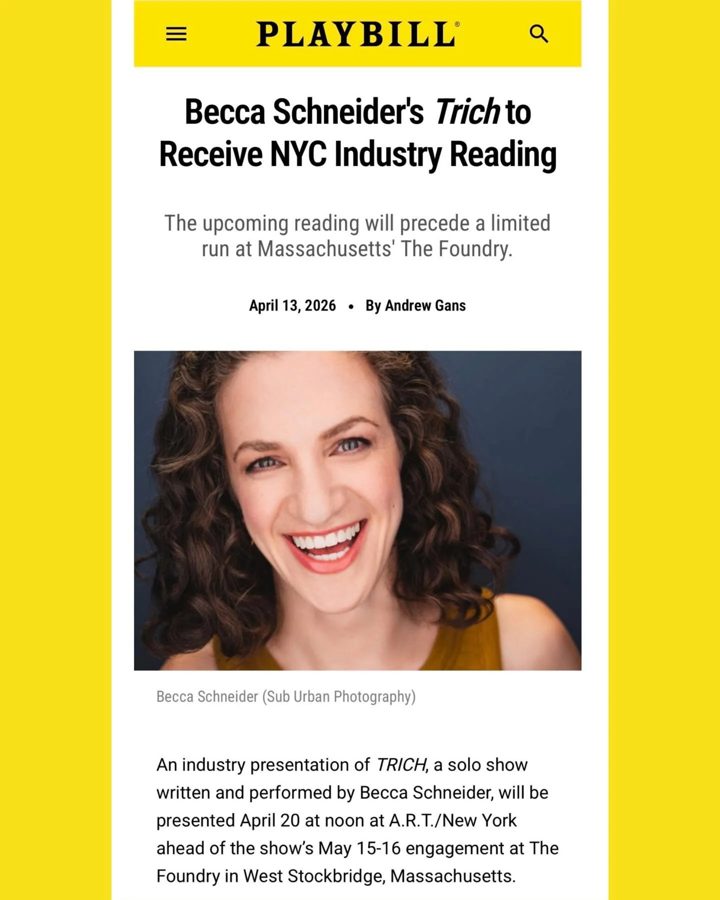 You know it&rsquo;s real when it&rsquo;s on @playbill!

TRICH is stepping into its next chapter. New energy, new collaborators, and a lot happening behind the scenes as we work toward our first industry presentation next week. Feeling the momentum an