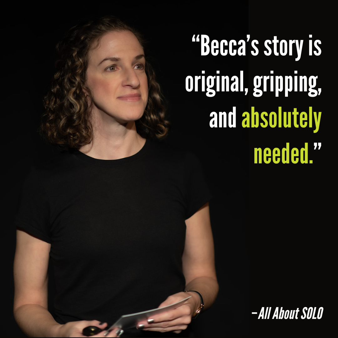 A woman with curly brown hair, wearing a black T-shirt, standing onstage. The image features a quote by Yani Perez in white and green text, stating "Becca's story is original, gripping, and absolutely needed."