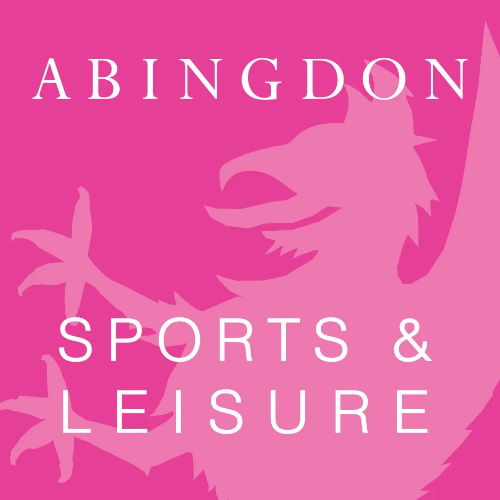 Pink background with a silhouette of a dragon's head, and the text 'ABINGDON SPORTS & LEISURE' in white letters.