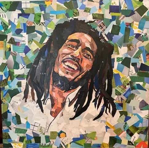 Collage portrait of a smiling man with dreadlocks, made from cutout magazine and newspaper pieces.