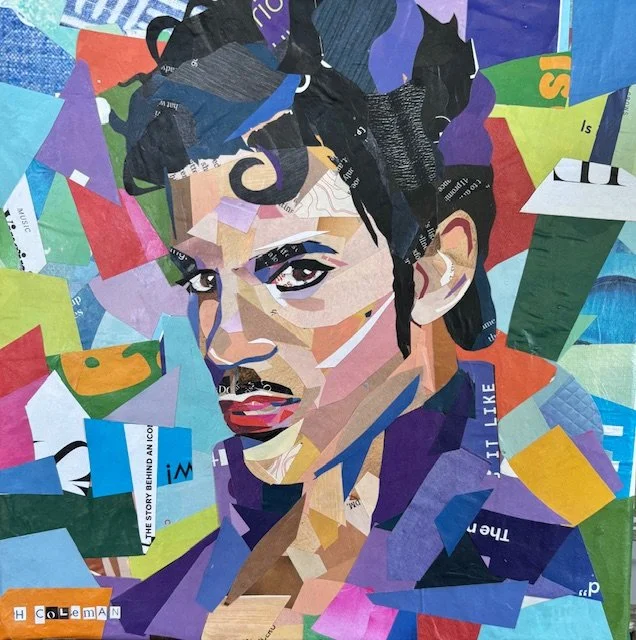 A collage portrait of a woman made from cut-out pieces of colored paper and magazine clippings, with her dark hair styled in an edgy, tousled fashion.