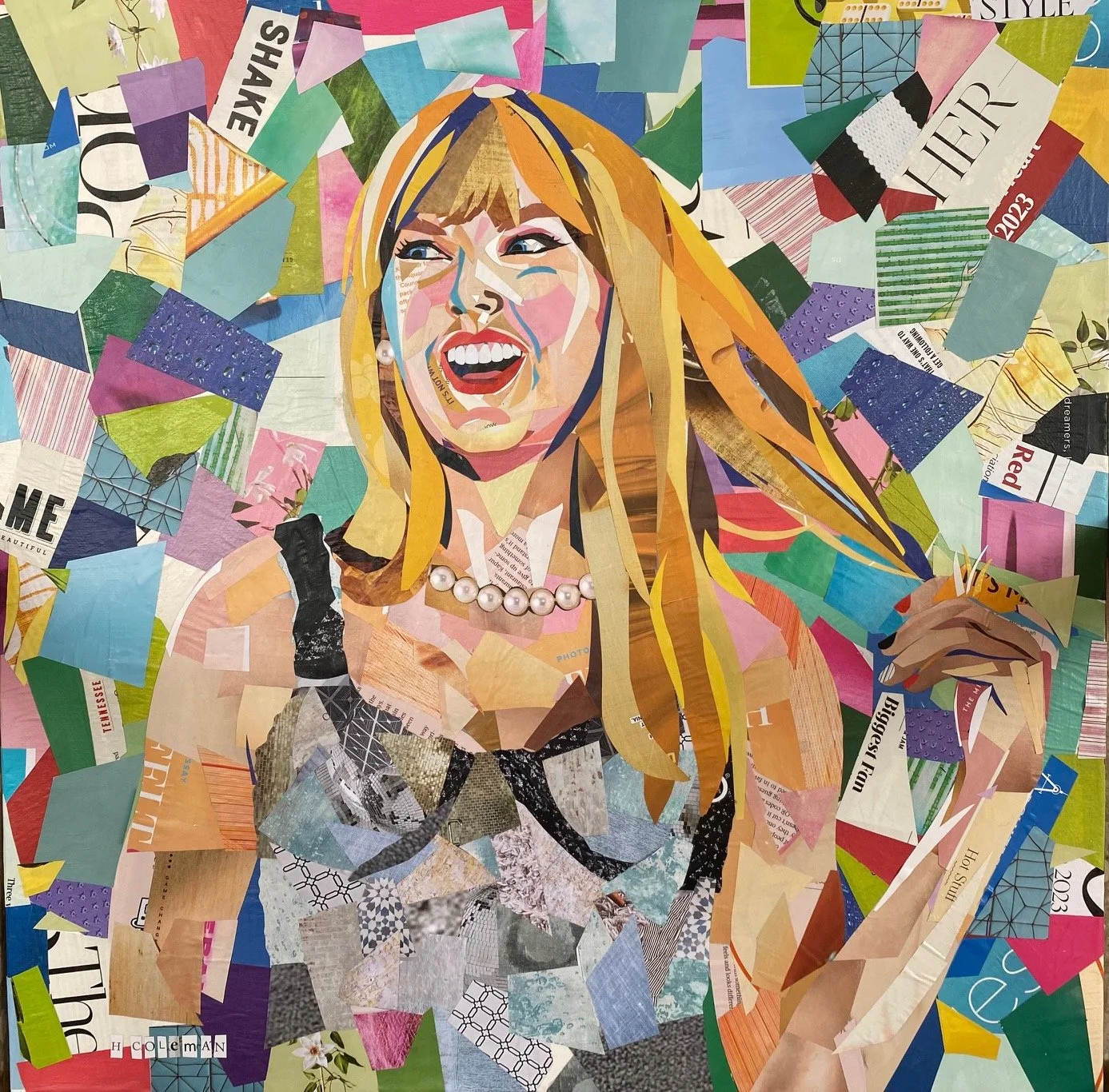 A collage artwork of a smiling woman with long blonde hair, wearing a pearl necklace and a black and white patterned dress, made from various cut-out magazine and newspaper pieces.