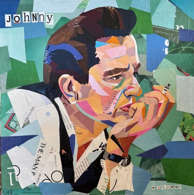 Collage of Johnny Depp made from various magazine paper cutouts, depicting him resting his chin on his hand with a thoughtful expression.