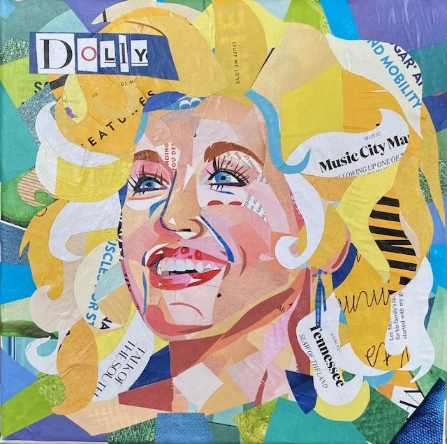 Collage of a smiling woman with blonde hair made from torn magazine and newspaper clippings.