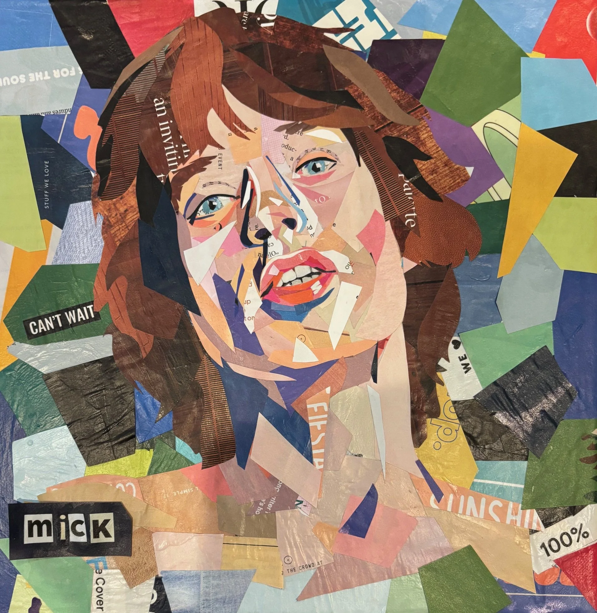 A collage portrait of a woman with short, brown hair, wearing glasses, made from cut-out pieces of various colored paper and text.