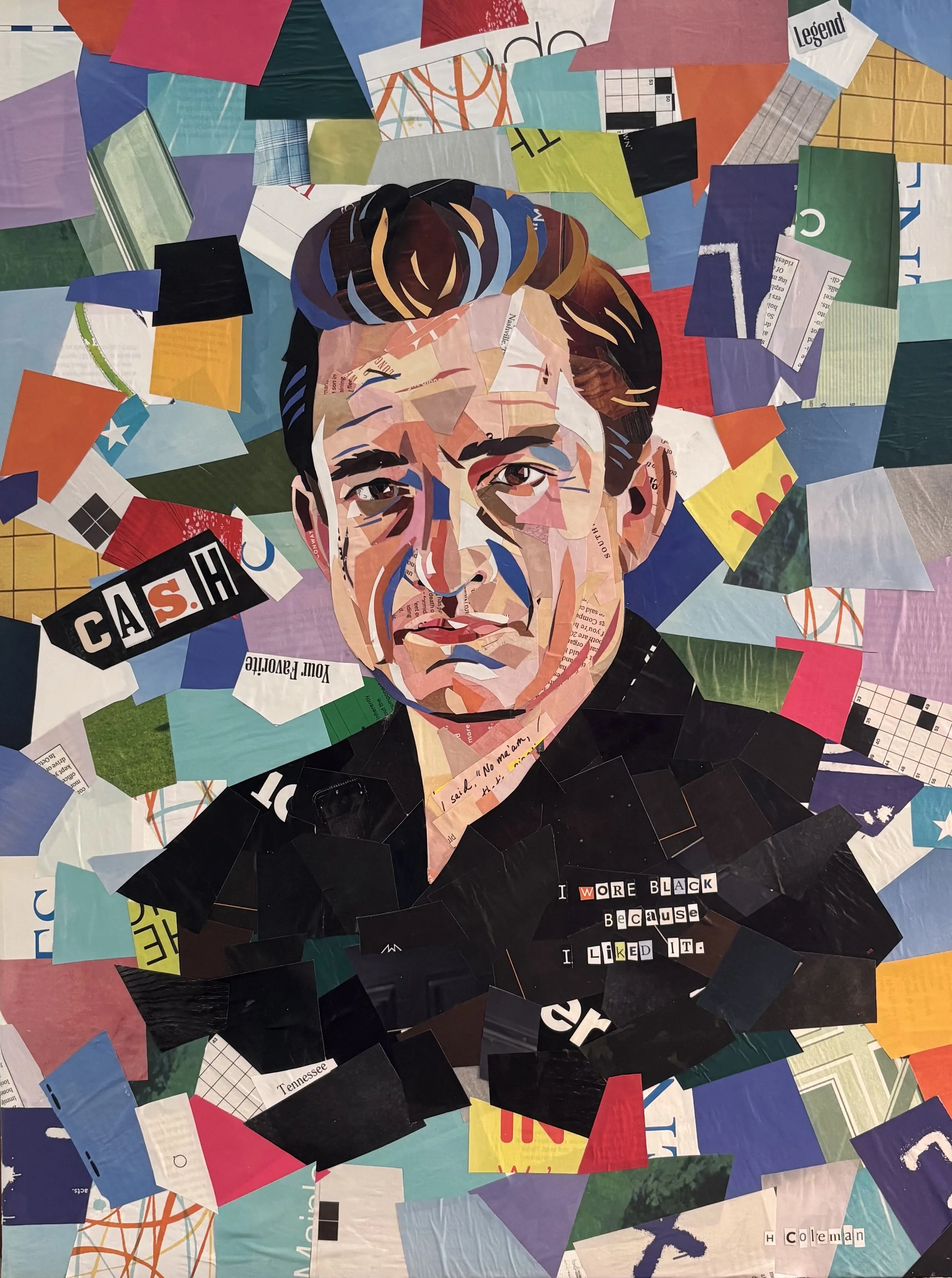 A collage of various cut-out pieces of paper arranged to form a portrait of a person with glasses, with text snippets and patterns around the image.