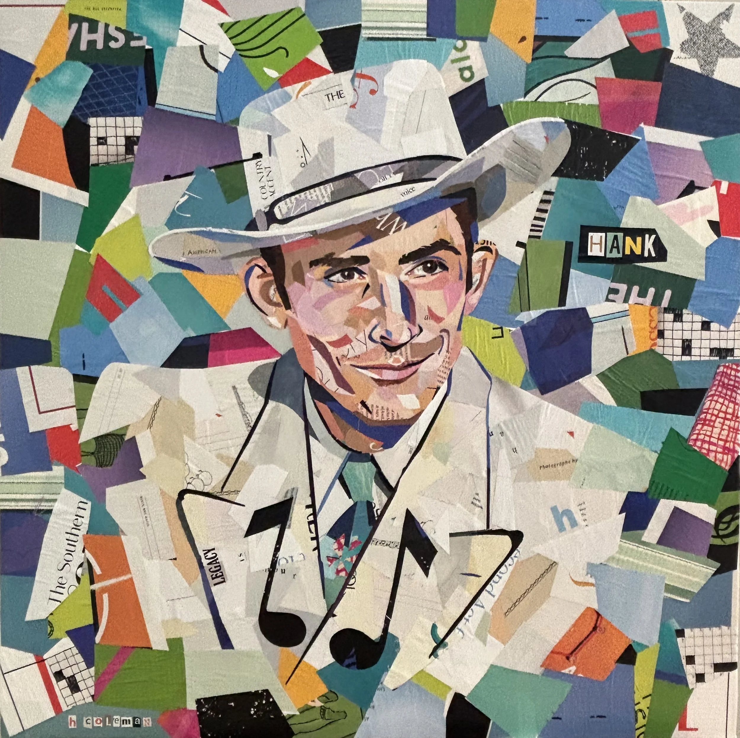 Collage of torn paper pieces forming a portrait of a person wearing a hat, with various colors and text fragments visible, including the word 'HANK' and the name 'COLEMAN' at the bottom.