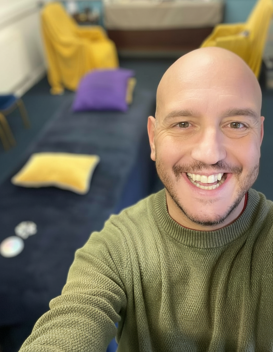 A man taking a selfie in a room with yellow chairs and purple and yellow pillows, with a bed or table in the background.