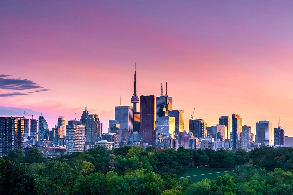 Skyline of Toronto skyline with CN Tower at sunset.