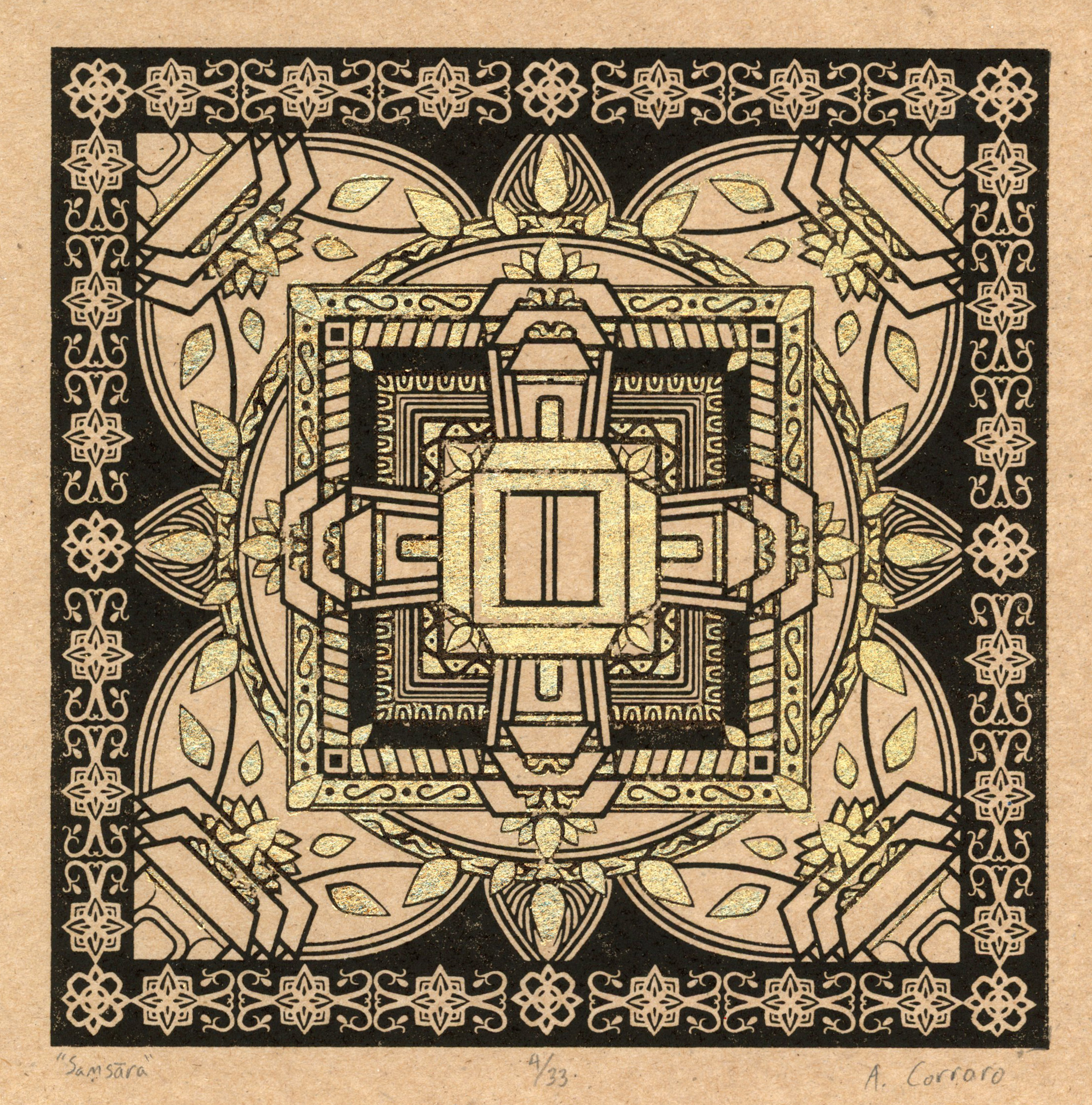 Samsara, 2022, Linocut and gold leaf on paper towel