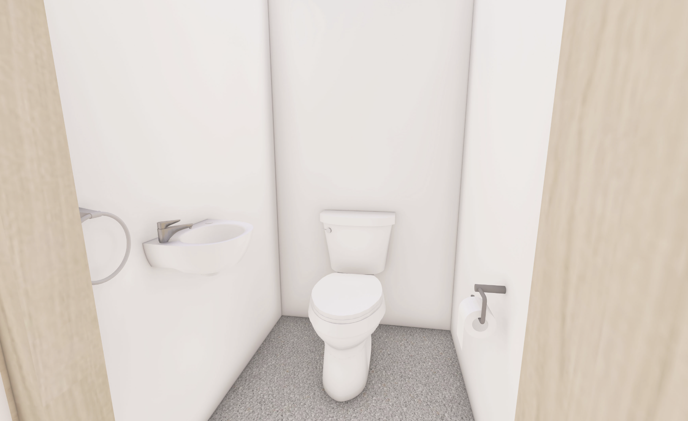 Small bathroom with a toilet center, a wall-mounted sink with a faucet on the left, a toilet paper roll on the right, white walls, and a gray speckled floor.