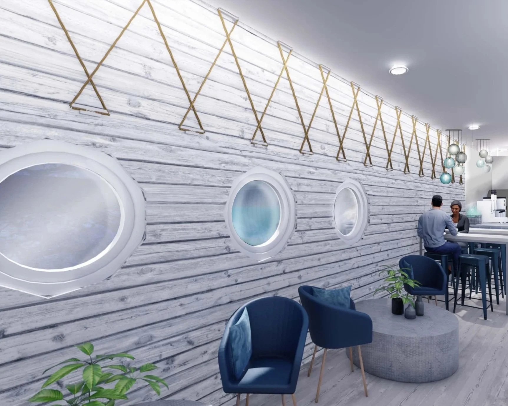 Modern interior with a white wooden plank wall, three round porthole windows, and a bar area where two people are seated and talking. There are blue chairs, potted plants, and decorative hanging lights.