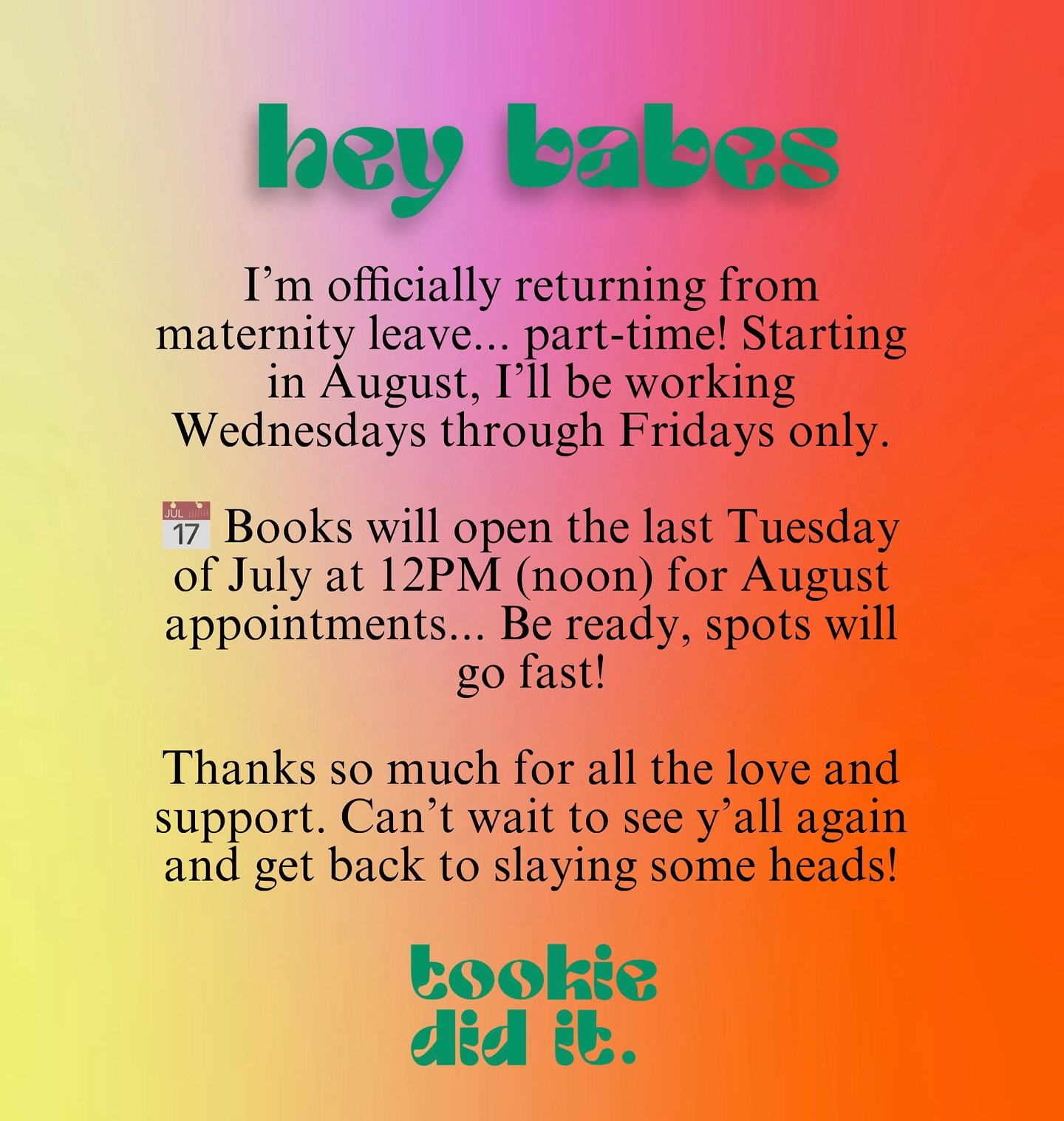 I&rsquo;M BACK iN AUGUST 🔥 The Books will Open July 28th the last Tuesday of the month at Noon For AUGUST. Be ready!

🚨Go Watch me braid on my TikTok
👉🏽 tookiedidit_
 

🔥#tookiedidit 

HAVE YOU BOOKED YET????
⬇️⬇️⬇️
Link in bio

For more content