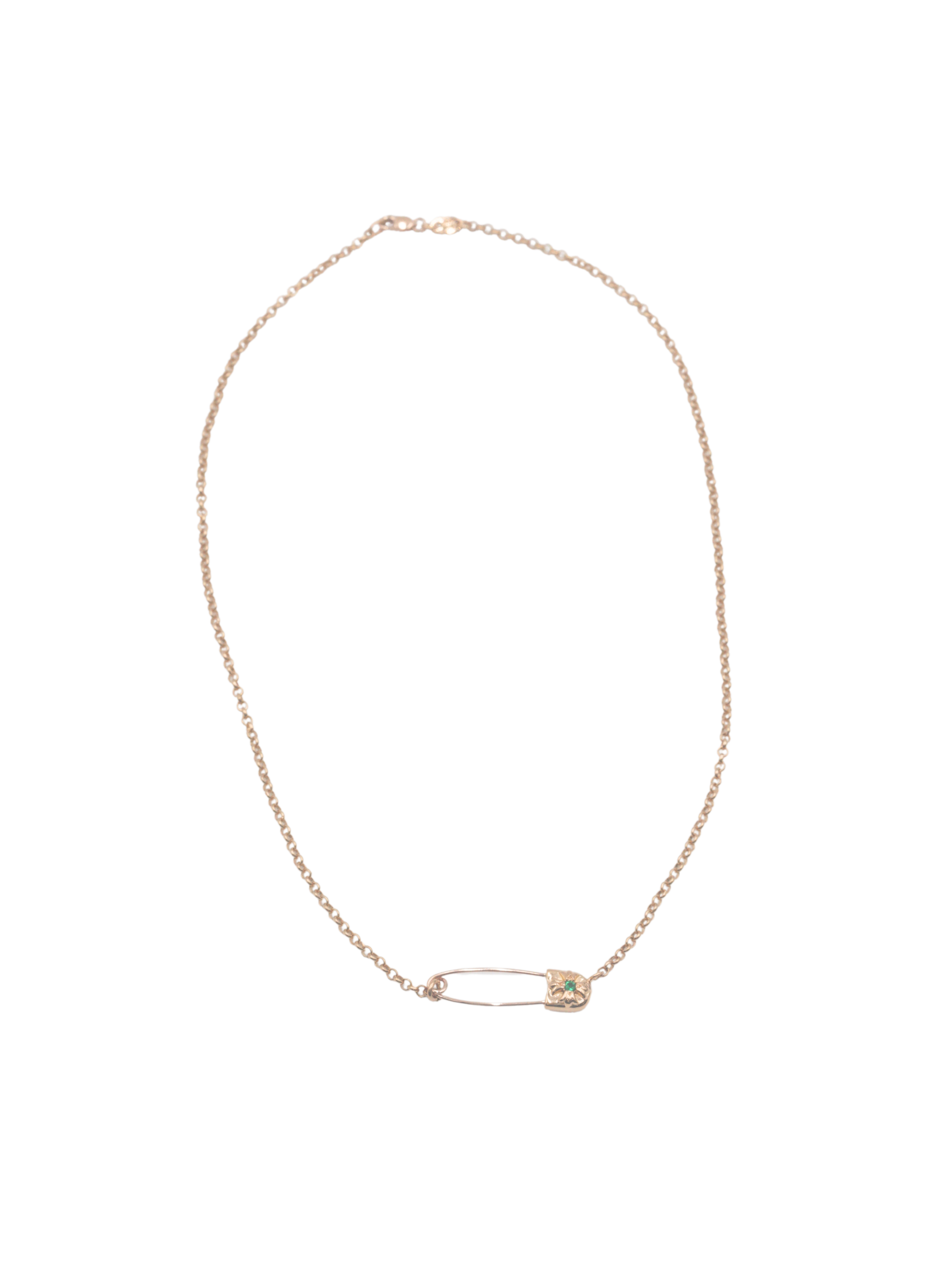 Chrome Hearts 22K Gold Emerald Safety Pin Necklace - 18 Inch