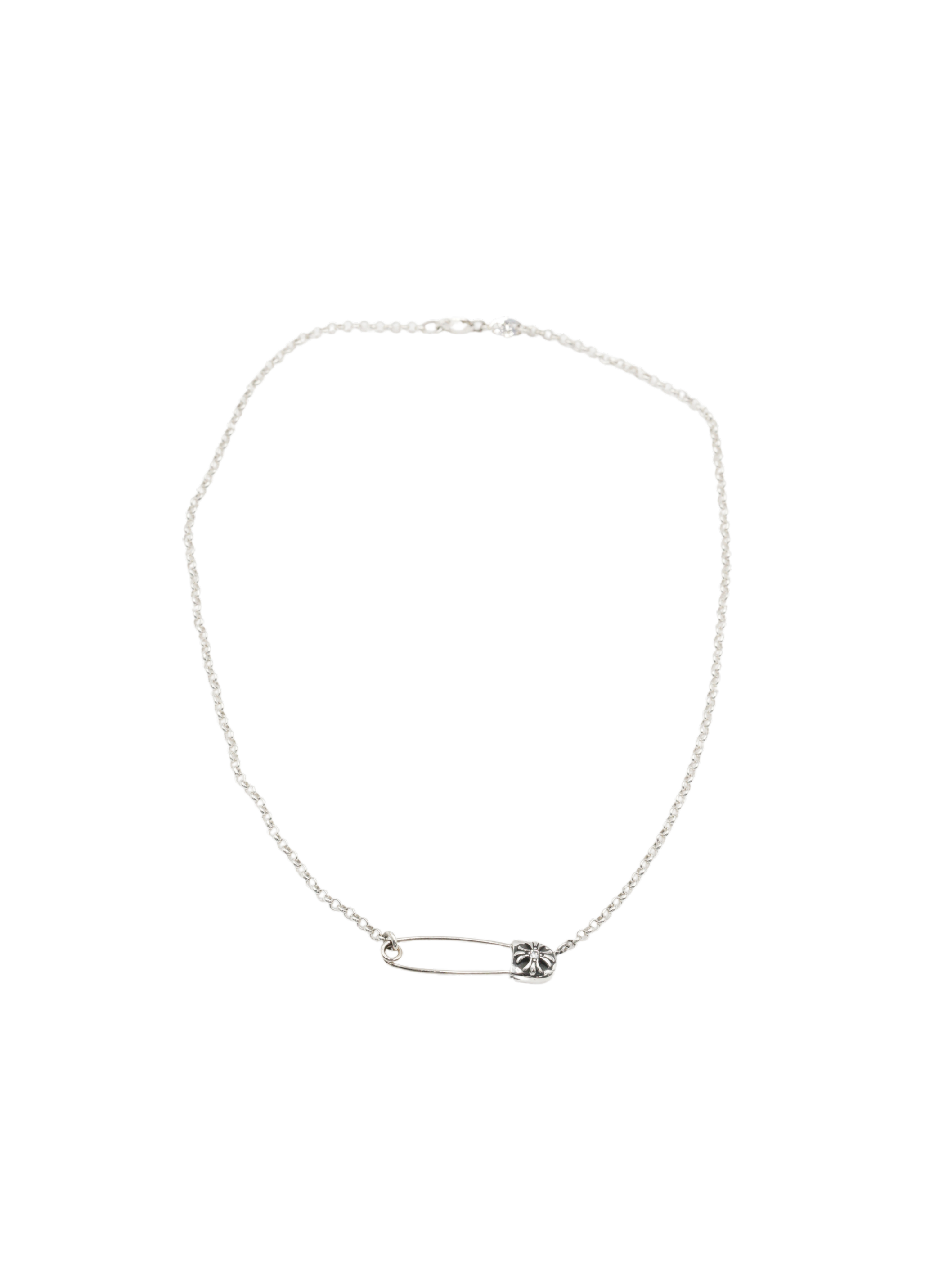 Chrome Hearts 925 Silver Safety Pin Necklace with Diamond - 16 Inch