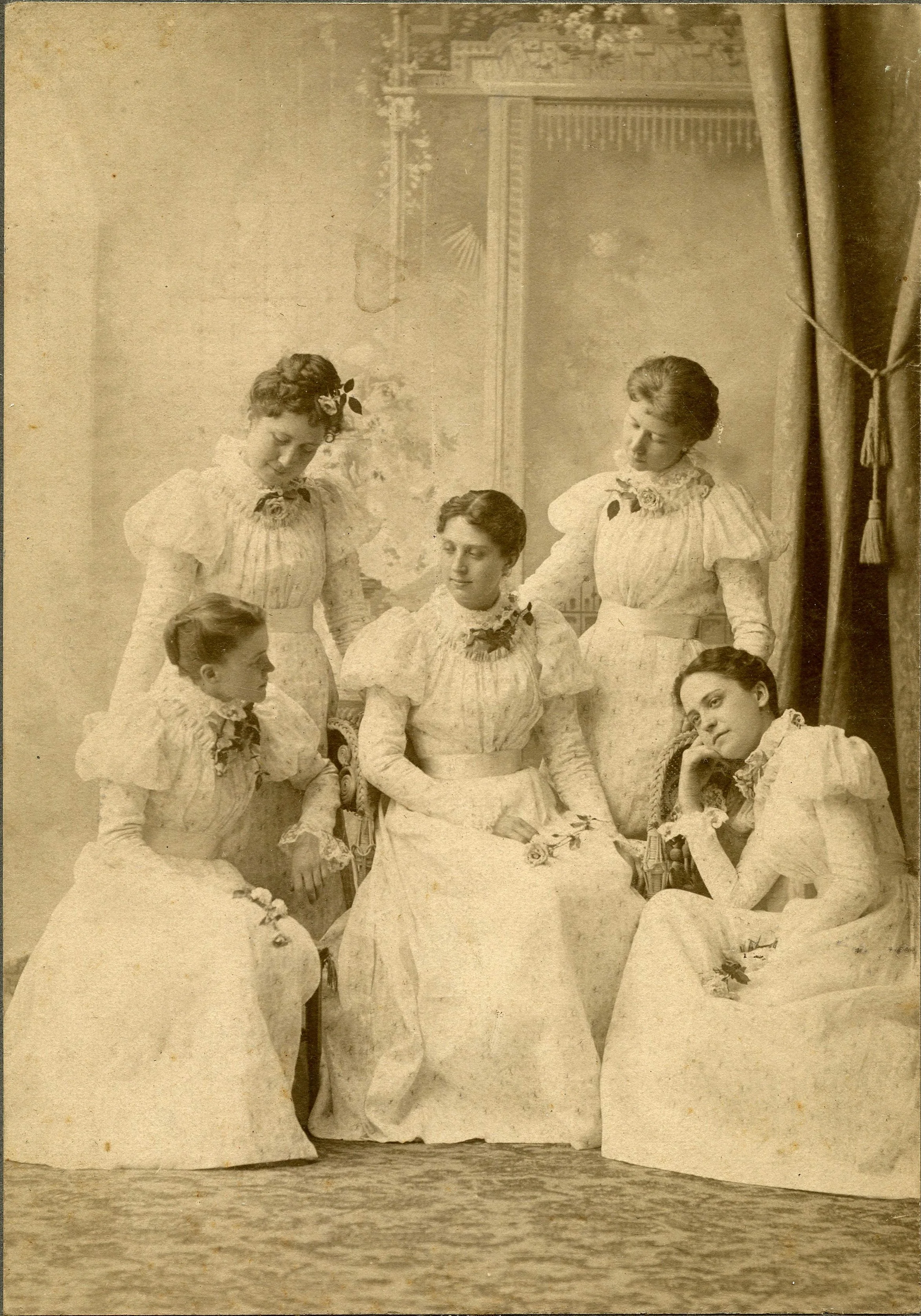 1897 - Alice and four of her college classmates all wearing matching dimity gowns