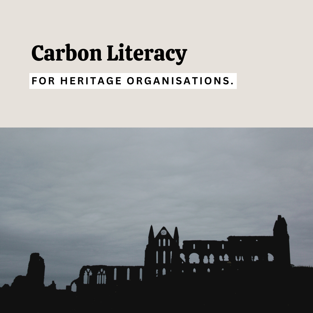 A stark moody image of Whitby Abbey against a grey sky representing Carbon Literacy for Heritage Organisations course.