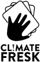 A black and white logo featuring a hand in a closed fist gripping a laptop, with the words 'Climate FRESK' below.
