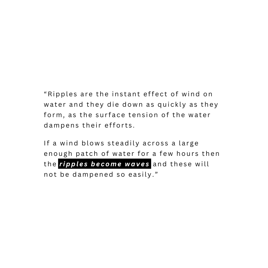Text explaining how ripples are caused by wind on water and how they turn into waves when the wind blows steadily across a large patch of water.