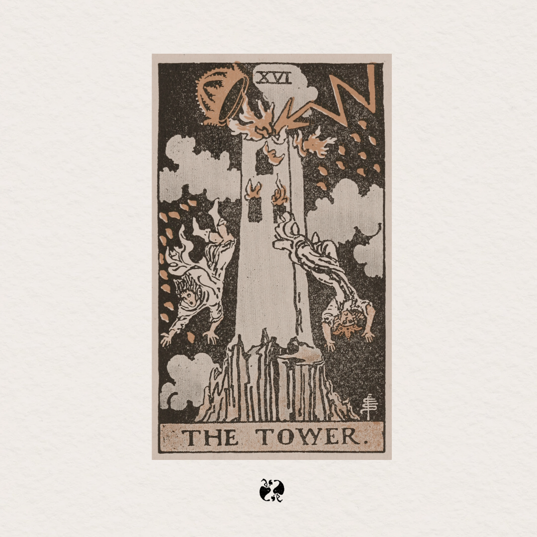 A high contrast 1910 engraving of the Tower Tarod Card by P.C. Smith. The image shows as stone tower on a cliff being struck by lightning, with a crown falling from the top and masonry crumbling.