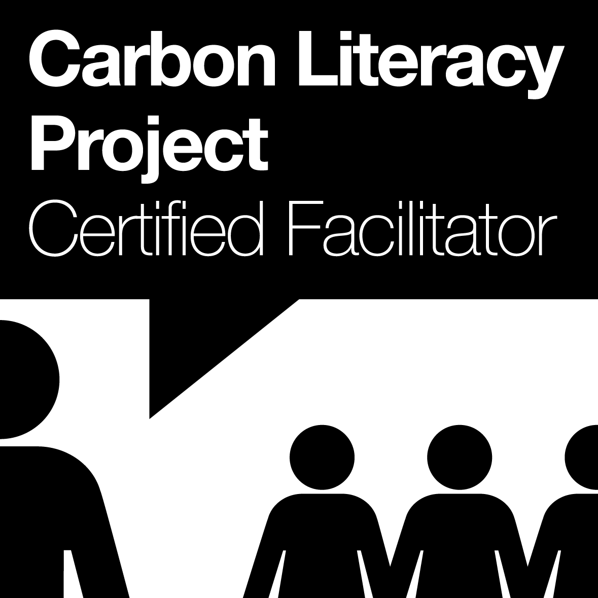 Black background with white and green text stating "Carbon Literacy Project Certified Facilitator".