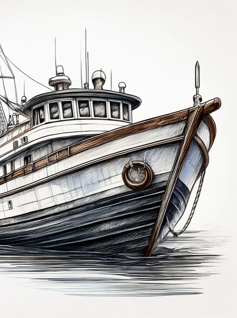 Drawing of a large boat or ship with wooden accents, depicted at a slight angle from below, showing the bow and part of the cabin with antennas and radar equipment on top.