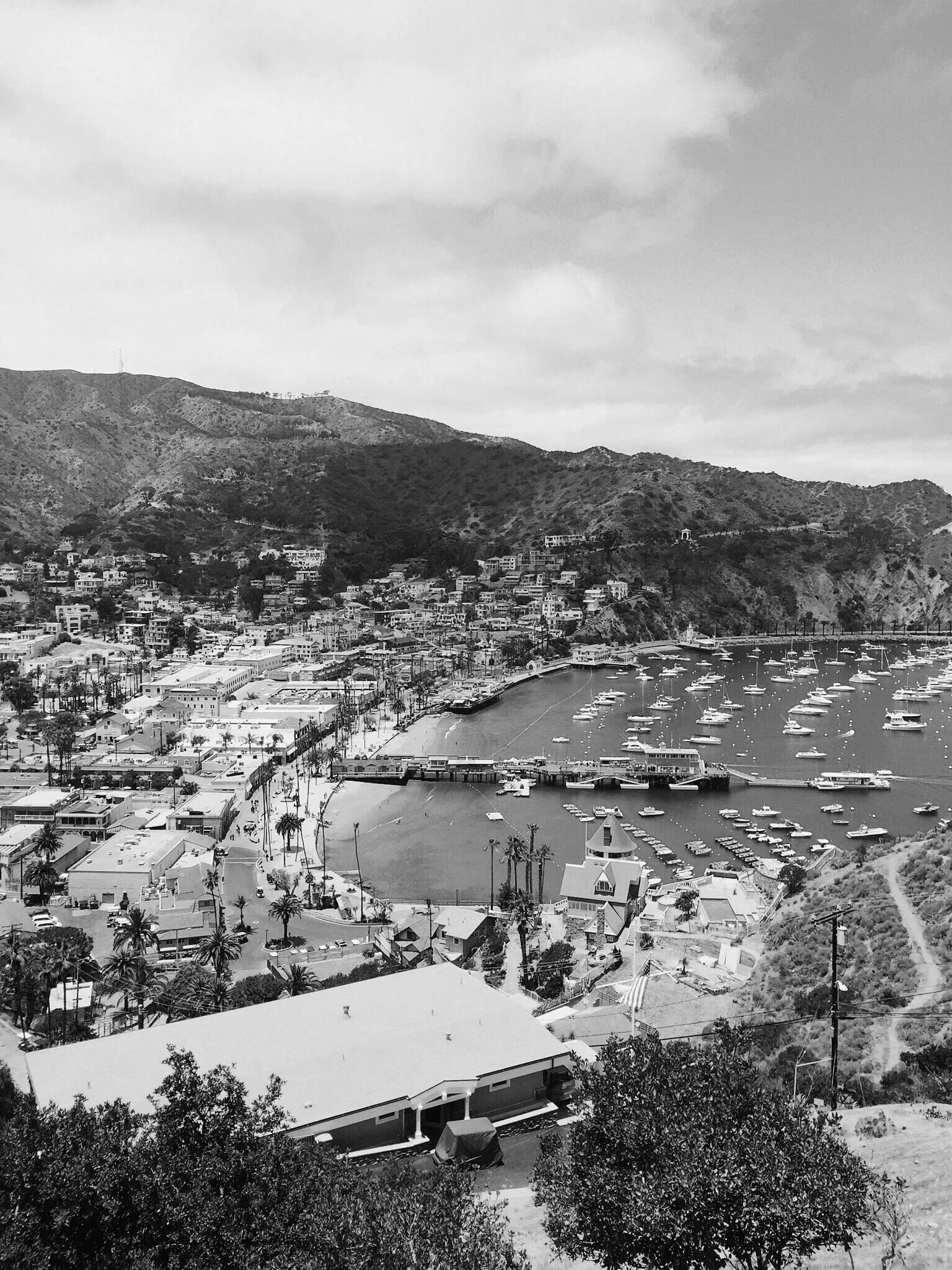 A grayscale aerial view of a coastal city with a marina filled with boats, surrounded by hilly terrain and residential buildings, under a cloudy sky.