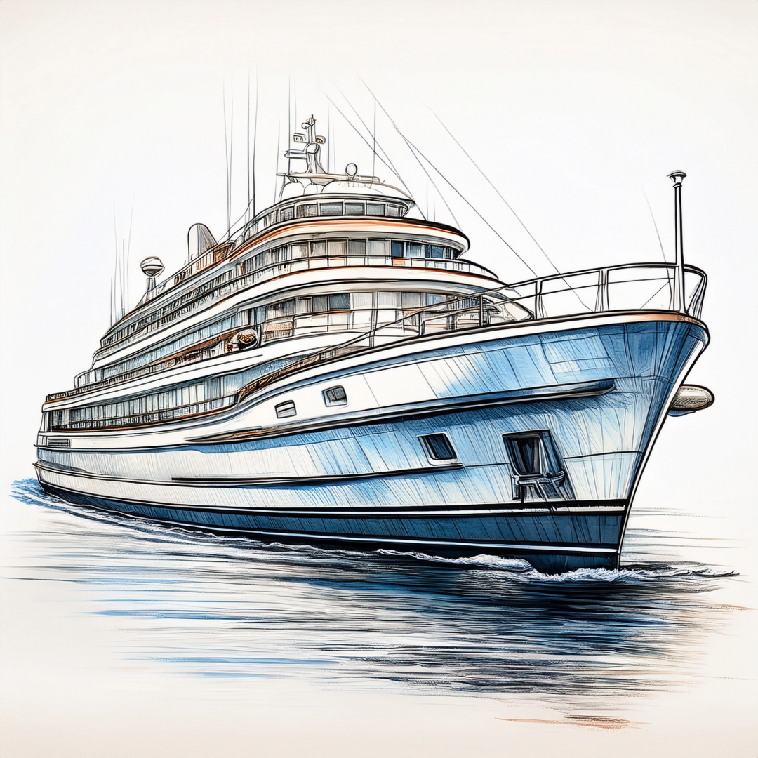 Stylized digital illustration of a large luxury yacht cruising on water, showing multiple decks and sleek design.