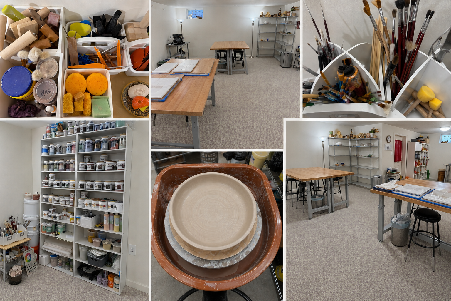 Unfinished ceramic vase on a pottery wheel in a studio, with shelves holding pottery supplies and finished pieces in the background.