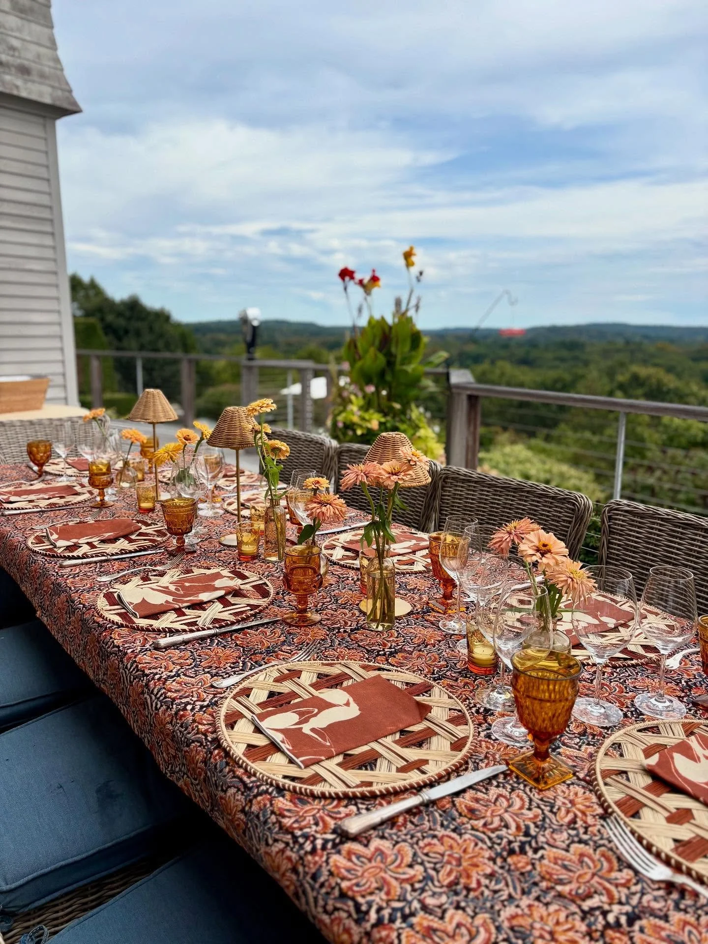 We always love a good dinner party set up! We found these beautiful vintage fabrics for table linens and layered with our rattan placemats. @goldiehomenyc porto clay napkins were the perfect match with @dearannabellenyc doodle placecards&ldquo; both 