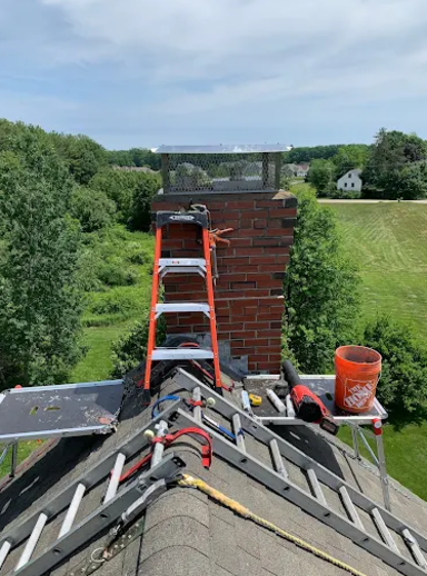 View from the rooftop of a building showing a chimney being repaired or constructed, with tools, a bucket, and a ladder on the roof, and green trees and a house in the background.