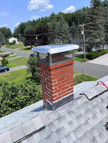 Close-up of a brick chimney topped with a metal cap on a residential roof, with a suburban street and trees in the background.