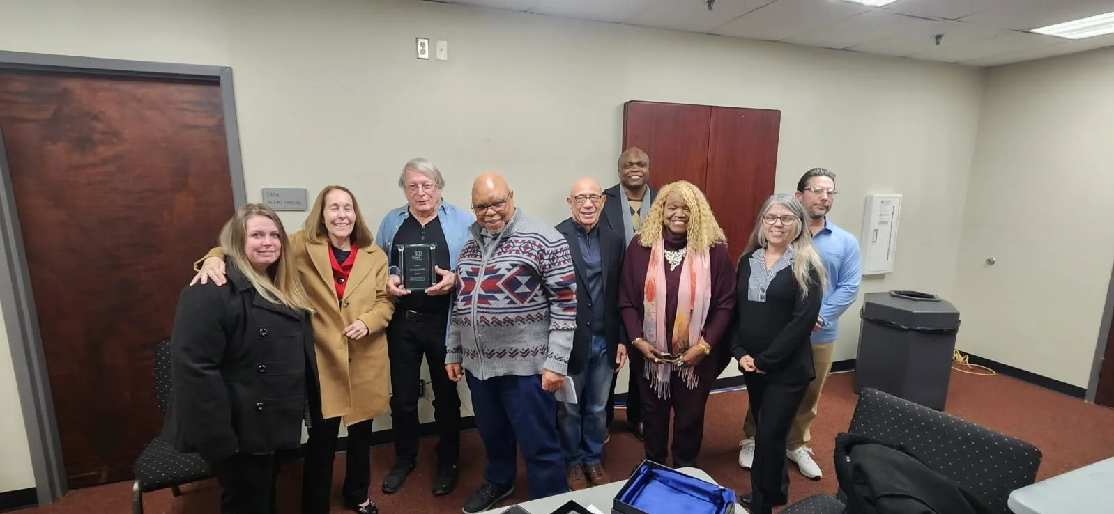 30 Years of Service - Presented to Dr. David Clark by the Dekalb County Domestic Violence Task Force. Left to Right: Cassi Vu, Sandie Clark, Dr. David Clark, Dr. Tommy Snow, Greg Guilbeaux, Luis De Sousa, Dr. Ruby Wallace, Laurie Hicks, Trey Griffith
