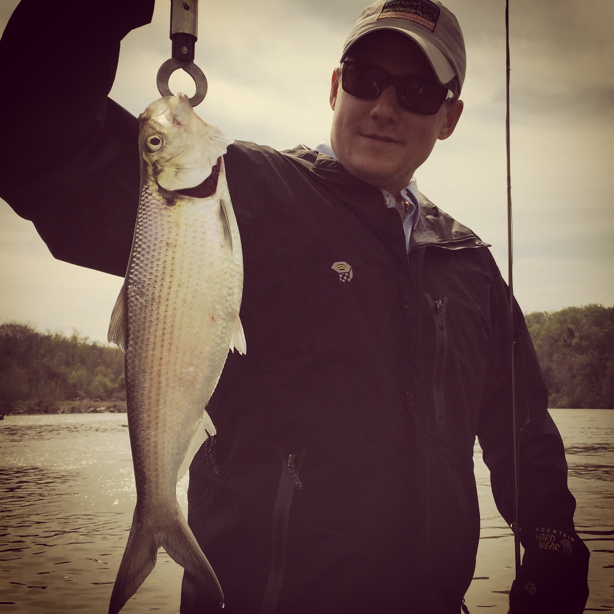Man wearing sunglasses, a cap, and dark outdoor clothing holding a large fish over water with a forest in the background.
