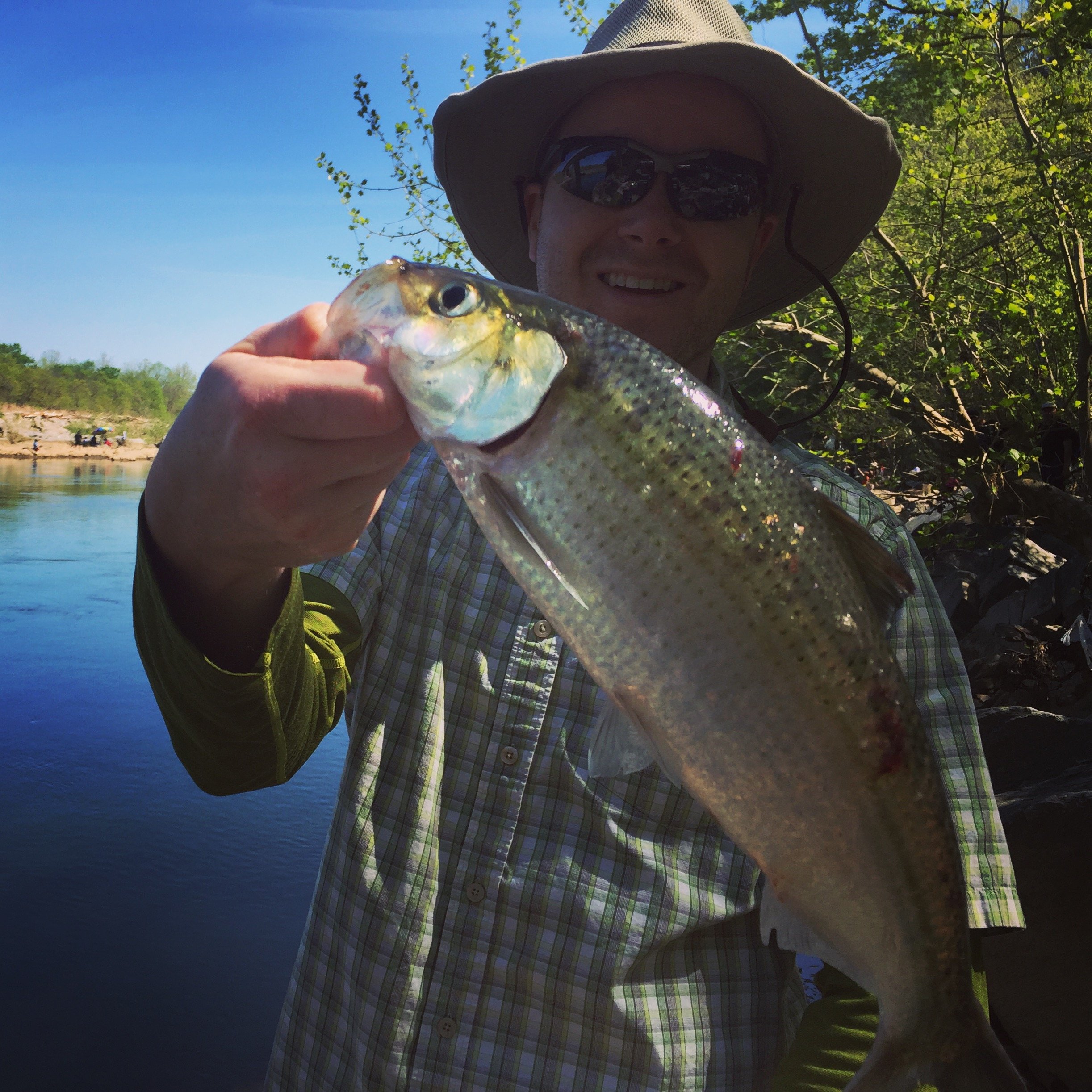 Man wearing a wide-brimmed hat and sunglasses holding a fish near a riverbank with trees in the background.