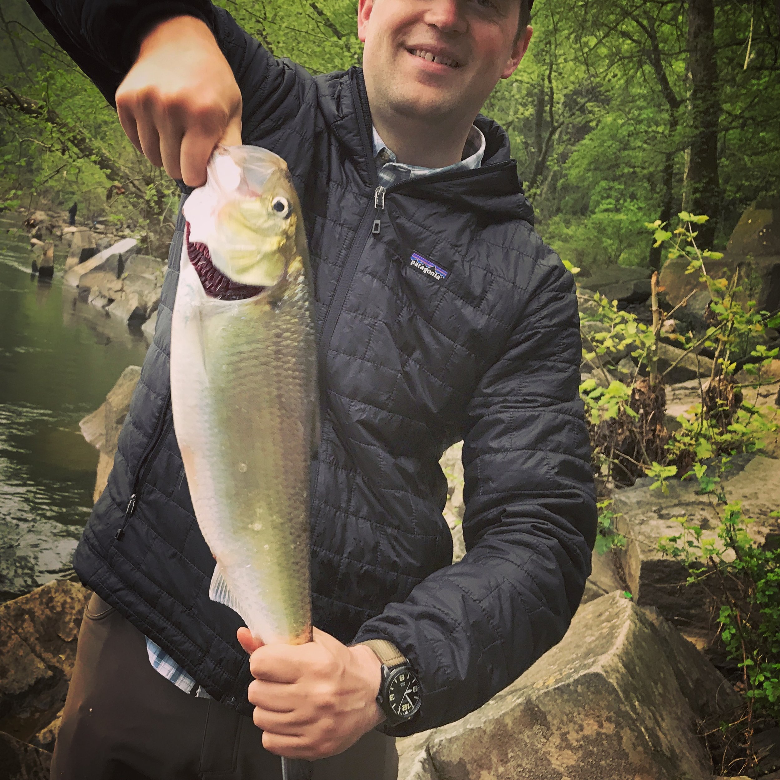 A man in a black jacket holding a large fish with a green and silver body. He is outdoors near a river or stream with rocks and green trees in the background.