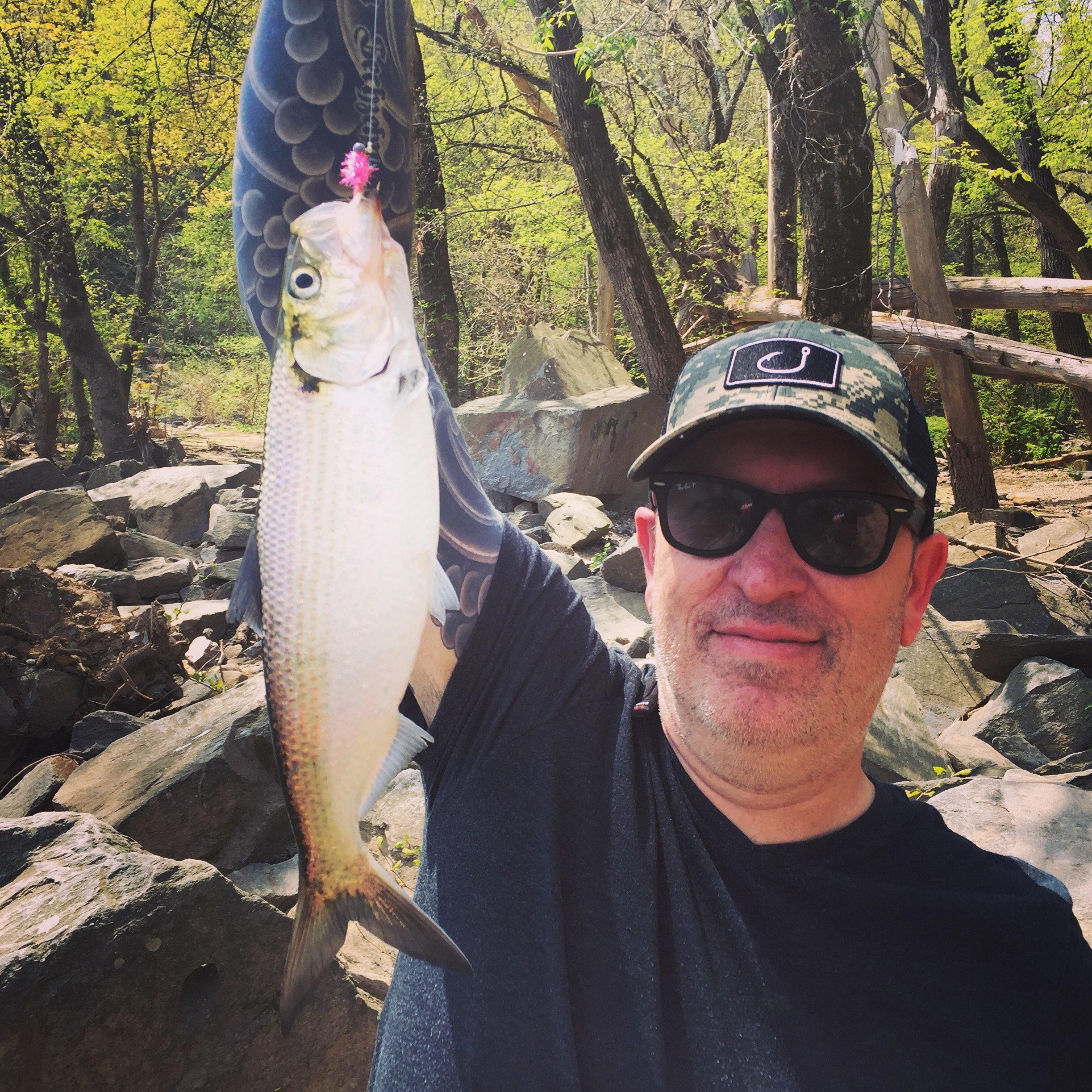 A man wearing sunglasses, a camouflage cap, and a black shirt, holding a large fish with a fishing lure in its mouth, outdoors in a wooded area with rocks and trees in the background.