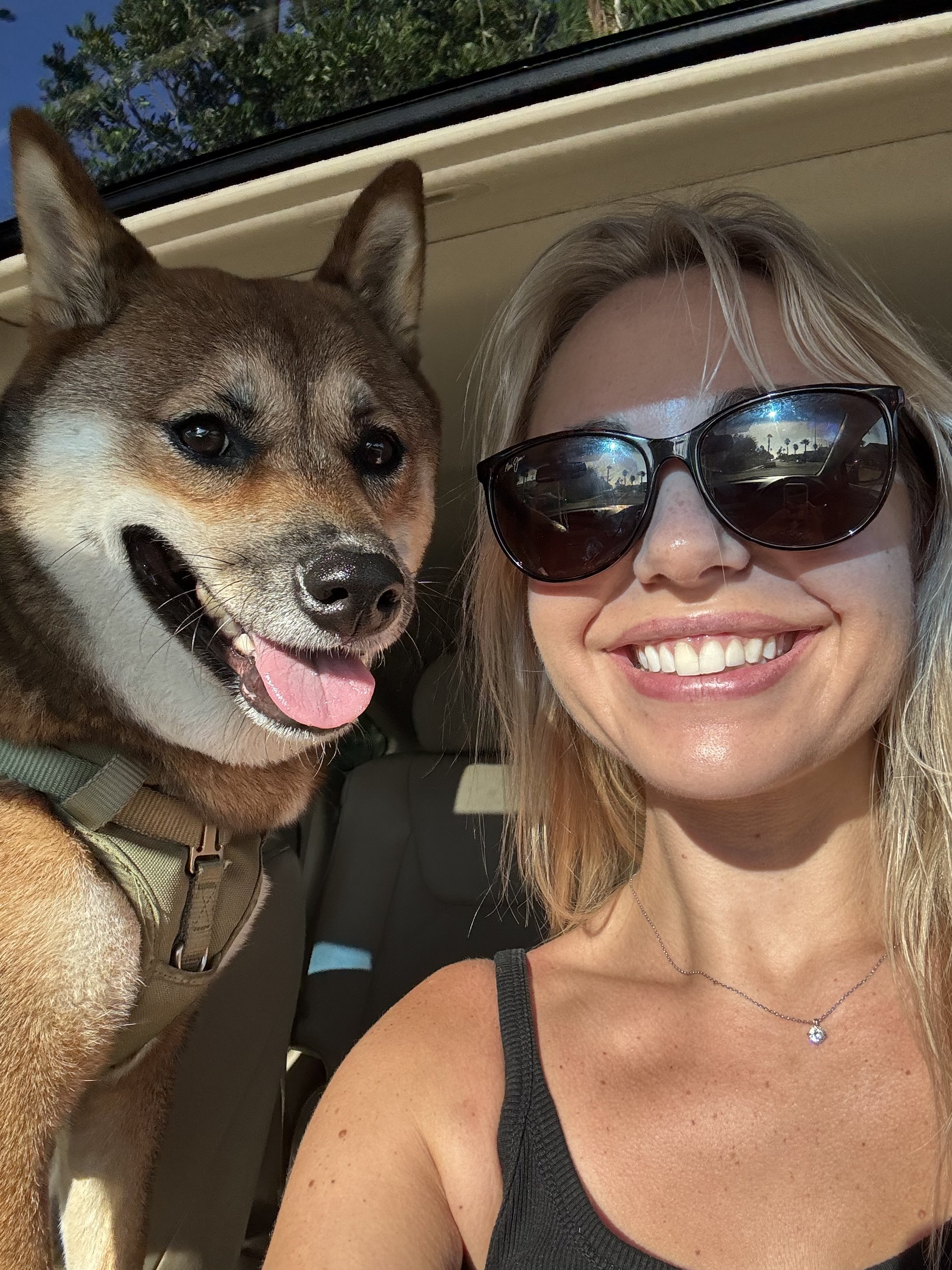 Selfie of a smiling woman with blonde hair wearing sunglasses and a black sleeveless top, taking a picture with her dog, a brown and white Shiba Inu, in a car with sunlight and blue sky visible through the window.
