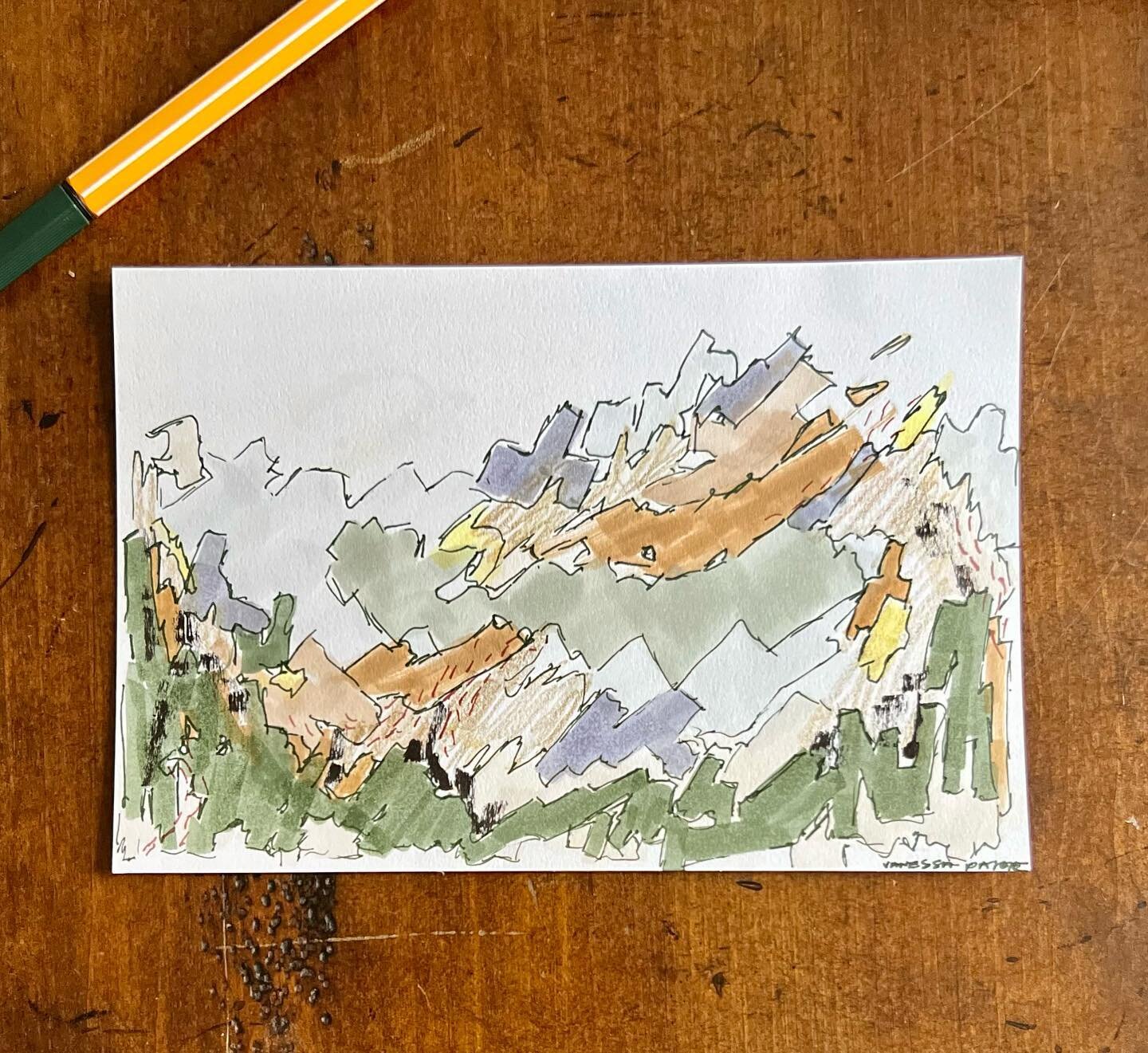 feeling drawn to play lately. no expectations or goals, just trying new mediums, styles, and techniques with whatever I have on hand in the moment. 

so here&rsquo;s a little pen &amp; marker landscape moment on an index card.