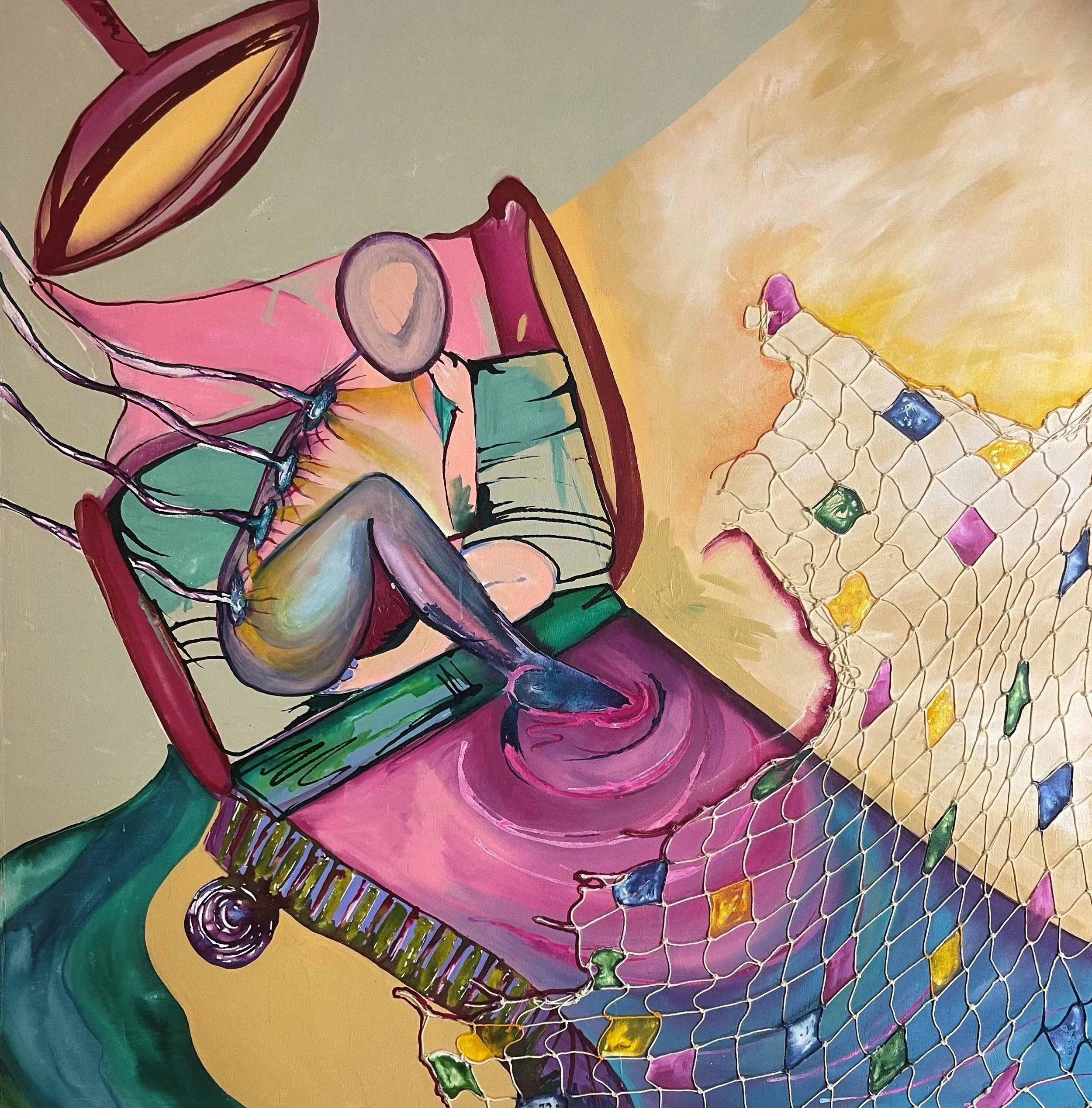 Tide, 60" x 60", Acrylic on Canvas with netting, 2025