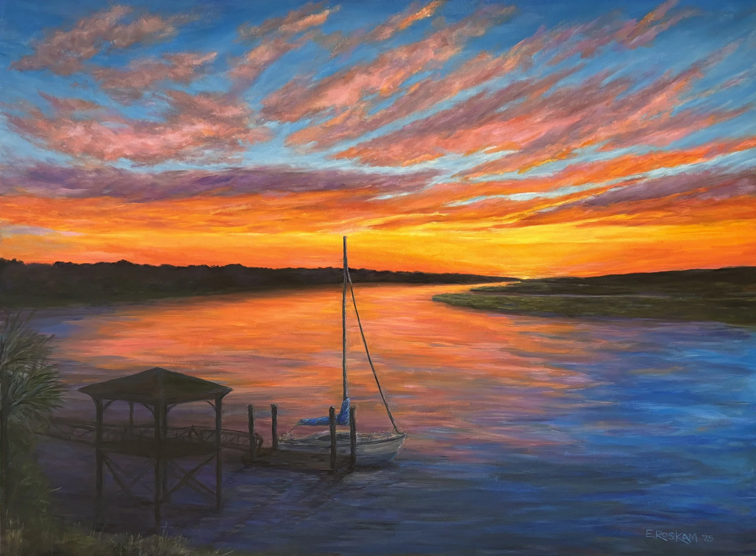 "Colorful Sunset"
A vibrant sunset casts colorful reflections across a tranquil lake. A lone dock with a small boat adds to the serene atmosphere.