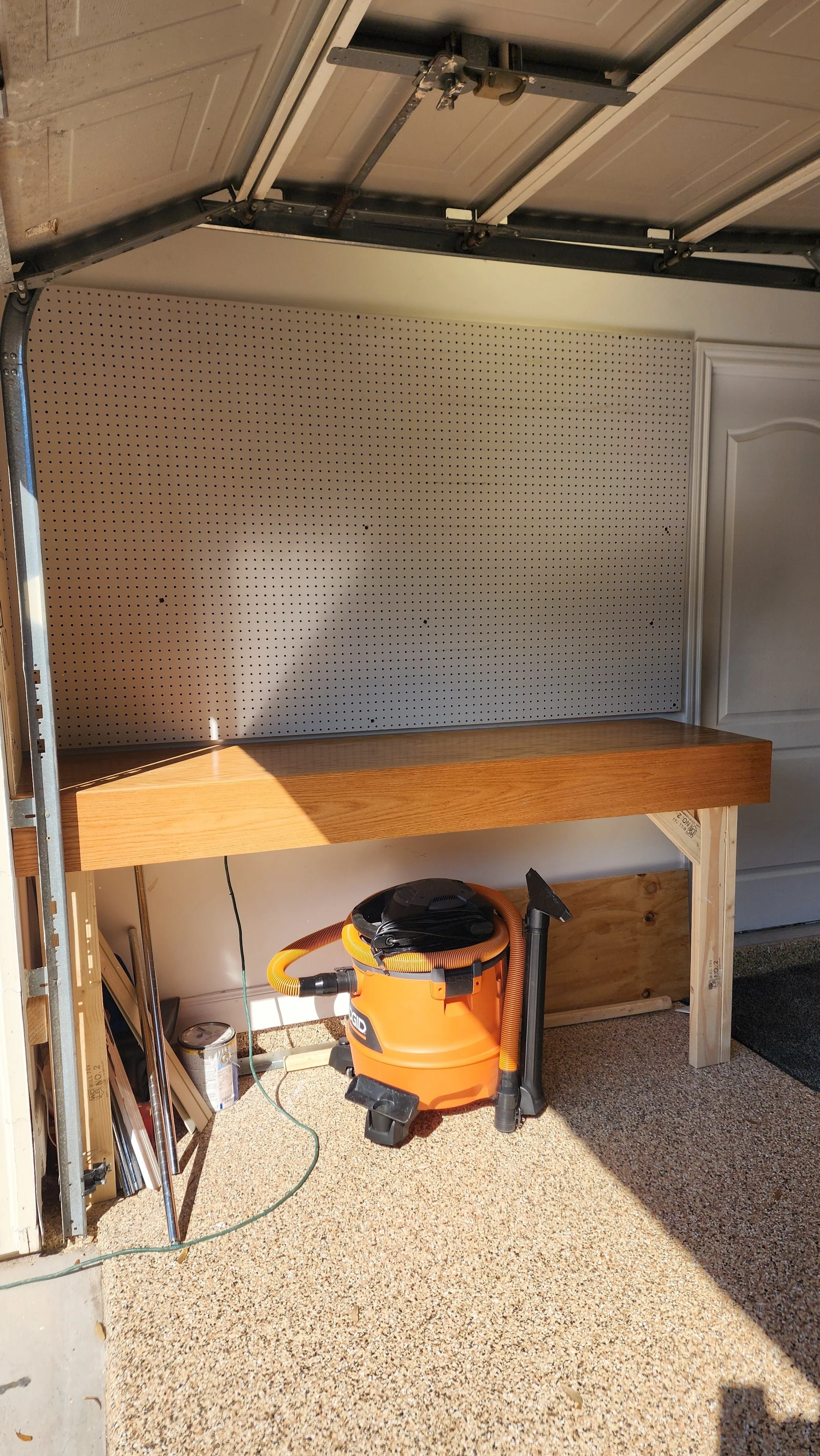 custom build garage attached workbench with peg board