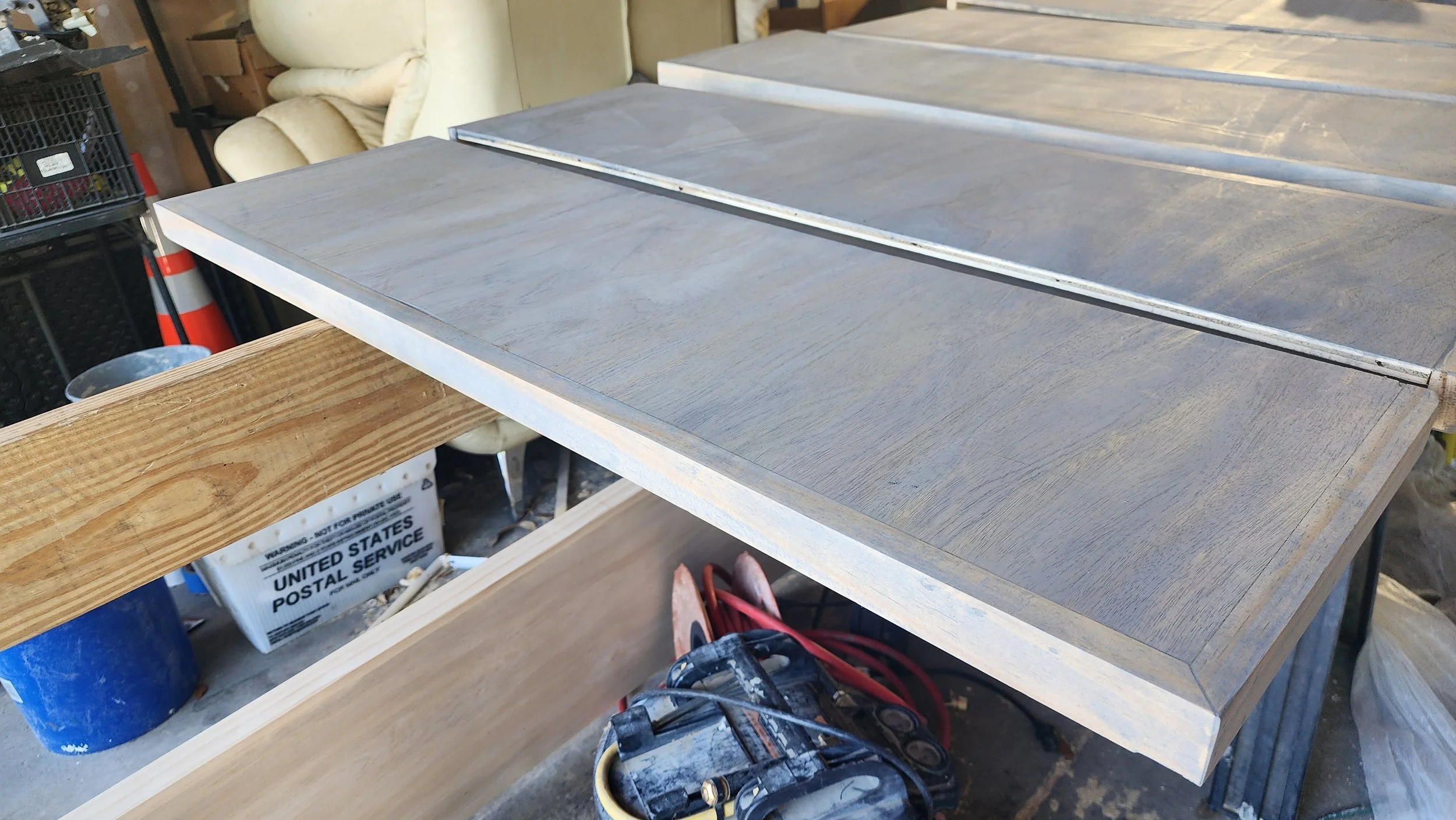 custom built floating shelves made from white oat (gray stain)