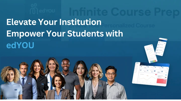 Group of diverse professionals smiling, with a background showing a mobile app and dashboard, promoting eduYOU's course preparation platform.