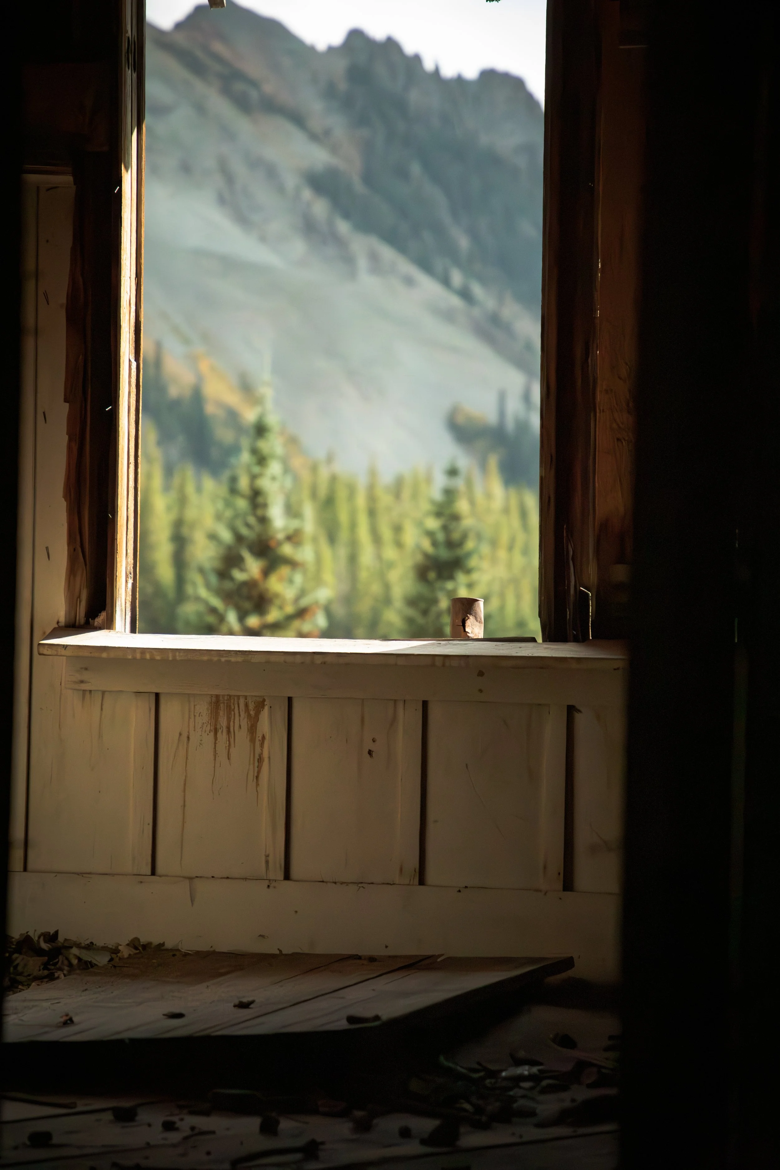 View from inside an abandoned building looking out through an open window at a scenic mountain landscape with lush green trees and mountain peaks in the background.